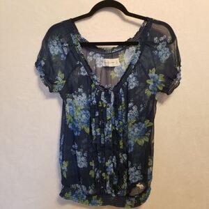 Abercrombie & Fitch Small Top Blouse Ruffle Front Sheer Dark Floral Whimsigoth